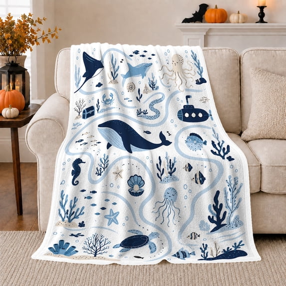 Whale with Ray and Octopus Sea Life Scatter, Whimsical Coastal Style for Ocean Lovers, Underwater Creature Pattern and Birthday Gift, Cozy Flannel Blanket for Playroom and Bedroom, Home Decor
