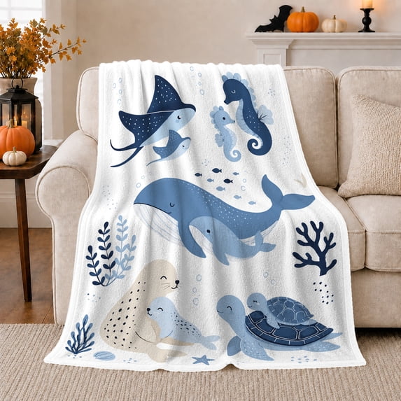 Whale with Ray and Turtle Underwater Scene, Cheerful Coastal Style for Ocean Lovers, Blue Marine Friends Pattern and Birthday Gift, Cozy Flannel Blanket for Playroom and Bedroom, Home Decor