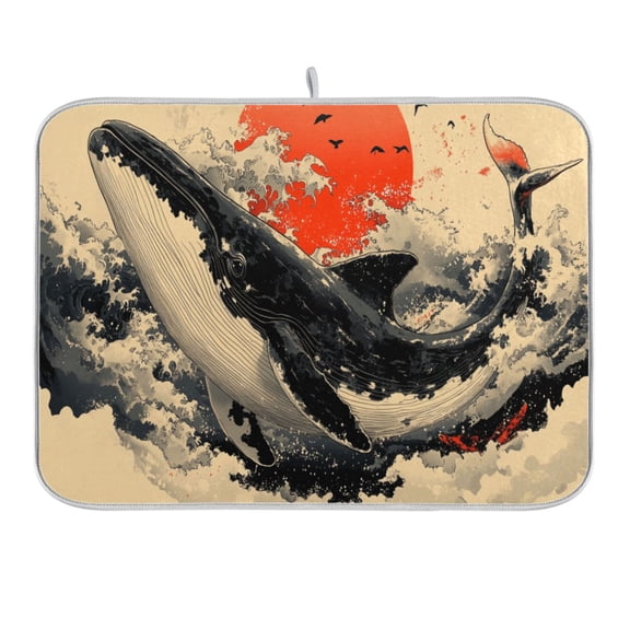 Whale and Red Sun Dish Drying Mat for Kitchen Counter 16x18 In Absorbent Microfiber Reversible Mats Dish Drainer Protector Rack Pad for Coffee Bar Table