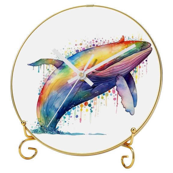 Whale Round Printed Wall Clock with Hooks and Gold Stand - Silent Non Ticking Clock for Living Room, Bedroom, Kitchen, Office
