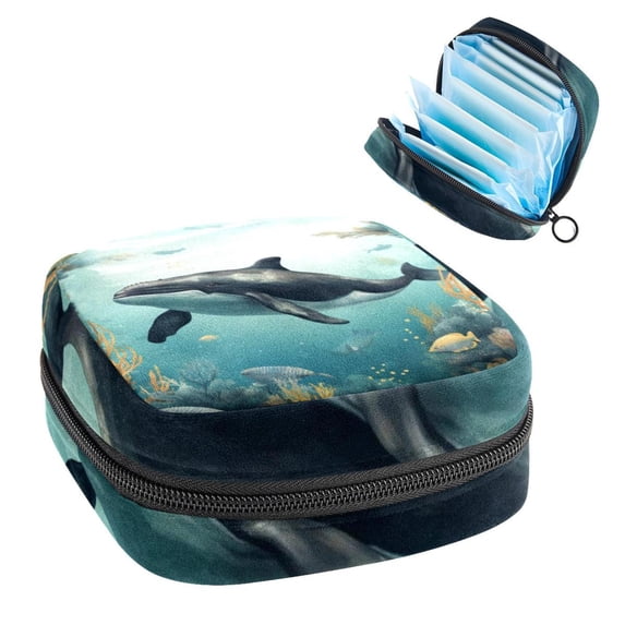 Whale Sanitary Napkin Bag Period Pouch Travel Organizer Zipper Pouch Mini Zipper Pouch Storage Case, Made of Velvet Fabric, Sponge, and Oxford Cloth