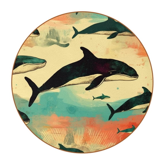 Whale Set of 6 Cool Round Microfiber Leather Coasters, 11x11 cm/4.3x4.3 in, Stylish Drink Mats for Home and Office Decor