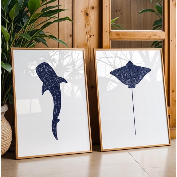 Whale Shark And Eagle Ray Print Set Ocean Animal Wall Art For Divers Set 2 Unframed Paper Print 8x12