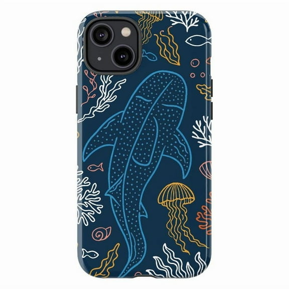 Whale Shark Coral Reef Tough Phone Case for iPhone 11/12/13/14/15/16 Mini Pro Max Plus – Dark Ocean Marine Life Design, Dual Layer Protective Cover