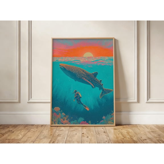 Whale Shark Diver Retro Sunset Ocean Poster Vintage Coral Reef Scuba Art , Poster Print Only
