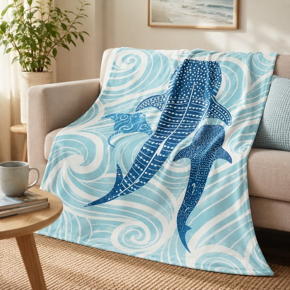 Whale Shark Wave Fleece Blanket, Ocean Sea Life Throw Blanket