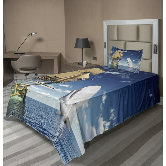 Whale Sheet Set, Ocean Lover Pirate Flag Ship Sails Ornament with Big Mammal Fish Illustration, Fitted and Flat Sheet with Pillowcase Bedding Accent 3 Piece Set, Twin XL, White and Blue, by Ambesonne