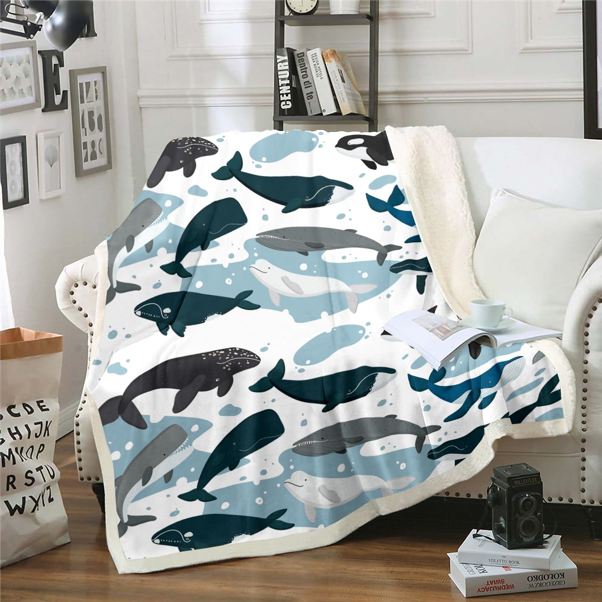 Whale Sherpa Blanket Baby Size, Marine Life Throw Blanket for Bed Sofa