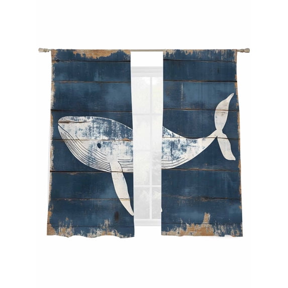 Whale Silhouette Sheer Curtains 72 Inch Long 2 Panels, Ocean Vintage Watercolor Wood Grain Light Filtering Rod Pocket Curtains, Sheer Voile Drapes for Living Room Bedroom, 52"x72"