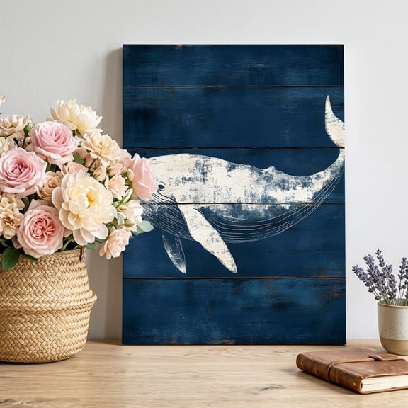 Whale Sketch Canvas Wall Art, Antiqued Plank in Watercolor Style Pictures Wall Decor Wooden Framed Artwork Art Prints for Living Room Hallway Bedroom Office 8"x12"