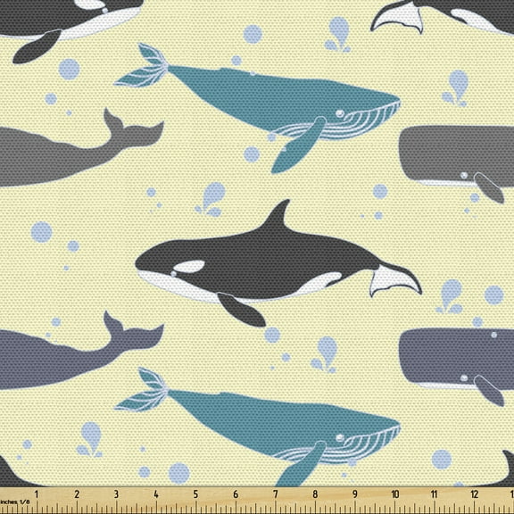 Ambesonne Whale Fabric by the Yard Upholstery, Swimming Mammals Yellow, 2 Yards, Multicolor