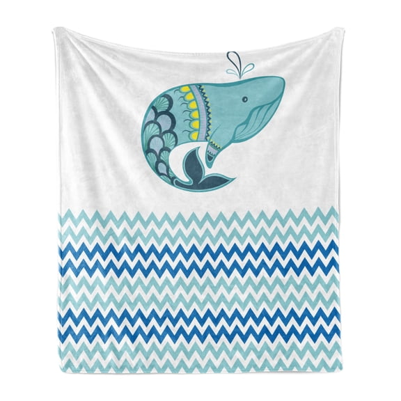 Whale Soft Flannel Fleece Blanket, Big Ornamental Tailed Design Whale with Zig Zag Pattern Ocean Wave Artwork Print, Cozy Plush for Indoor and Outdoor Use, 60" x 80", Blue and White, by Ambesonne