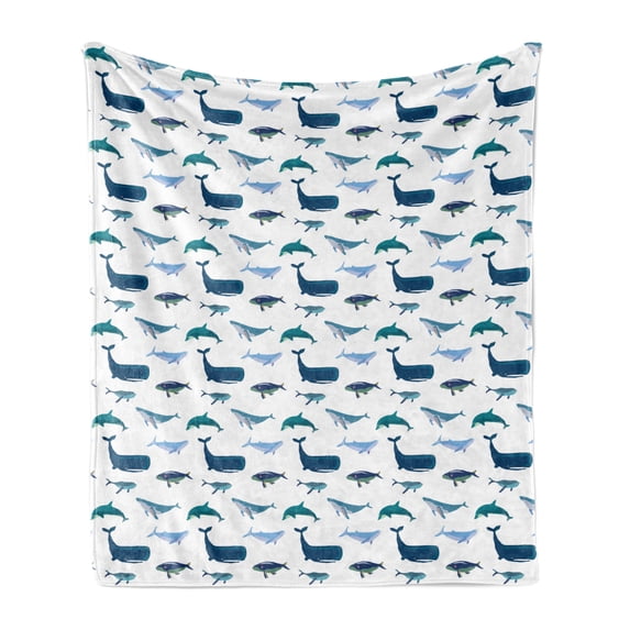 Whale Soft Flannel Fleece Blanket, Different Types of Swimming Marine Characters in Hand Drawn Style Nautical, Cozy Plush for Indoor and Outdoor Use, 70" x 90", Teal Dark Blue White, by Ambesonne