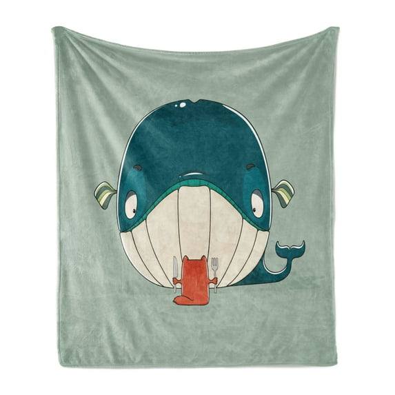 Whale Soft Flannel Fleece Blanket, Greedy Little Cat Sitting down to Dine on a Huge Fish Dinner of Whale Cartoon, Cozy Plush for Indoor and Outdoor Use, 70" x 90", Almond Green Teal, by Ambesonne