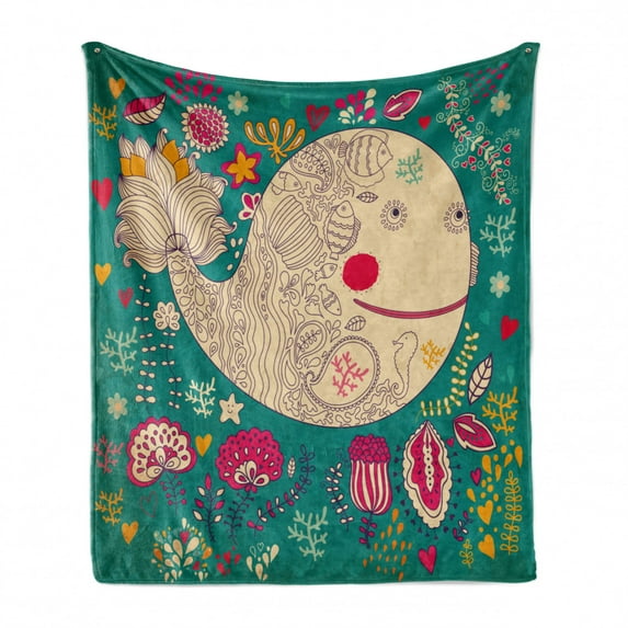 Whale Soft Flannel Fleece Blanket, Happy Giant Sea Ocean Creature Whale with Flower Blooms Tulips Leaves Design Artwork, Cozy Plush for Indoor and Outdoor Use, 50" x 70", Multicolor, by Ambesonne