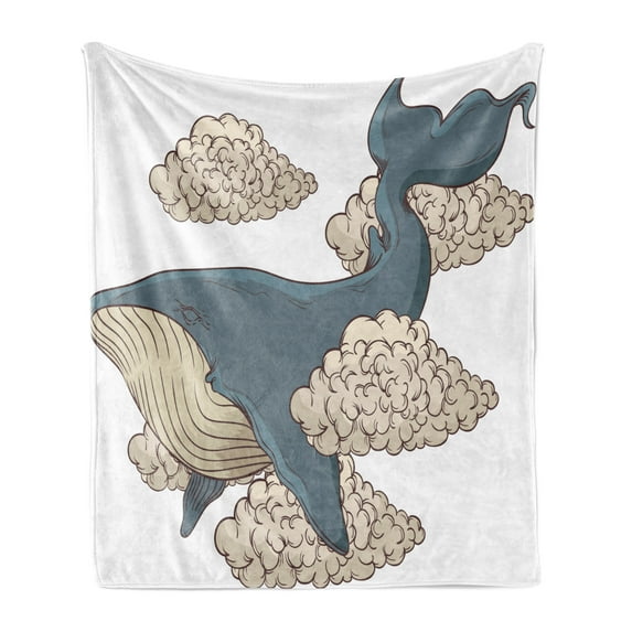 Whale Soft Flannel Fleece Blanket, Whale Hovering on Sky Clouds Animal Fish Marine Life Nautical Sea Graphic Art, Cozy Plush for Indoor and Outdoor Use, 50" x 70", Beige Slate Blue, by Ambesonne