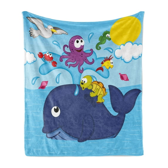 Whale Soft Flannel Fleece Blanket, Marine Gang Octopus Crab Turtle Seahorse Pacific Sun Underwater Ocean Playroom Design, Cozy Plush for Indoor and Outdoor Use, 50" x 70", Multicolor, by Ambesonne