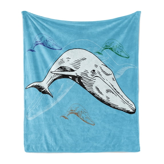 Whale Soft Flannel Fleece Blanket, Shoal of Whales in Colors Swimming in the Ocean Together Theme Hand Drawing Image, Cozy Plush for Indoor and Outdoor Use, 70" x 90", White and Blue, by Ambesonne