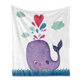 thumbnail image 1 of Whale Soft Flannel Fleece Blanket, Smiling Mammal Motif Hearts and Clouds on Sea Print Nursery Childish Design, Cozy Plush for Indoor and Outdoor Use, 60" x 80", Purple Blue and Red, by Ambesonne, 1 of 6