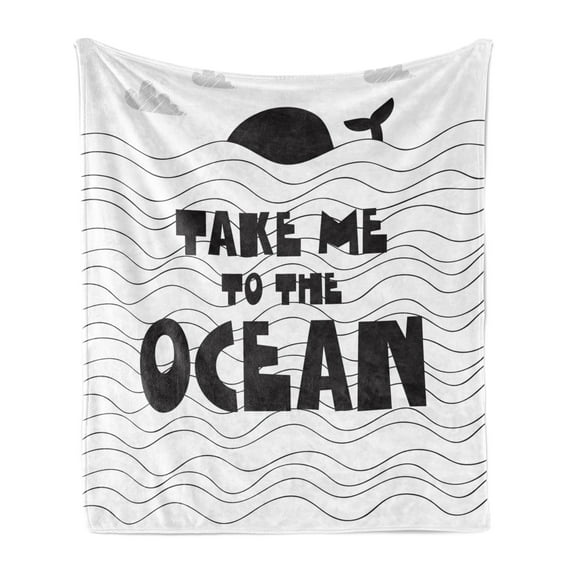 Whale Soft Flannel Fleece Blanket, Take Me to the Ocean Words from Mammal Swimming in Wavy Sea Eco Motivation, Cozy Plush for Indoor and Outdoor Use, 50" x 60", Dark Blue Grey White, by Ambesonne