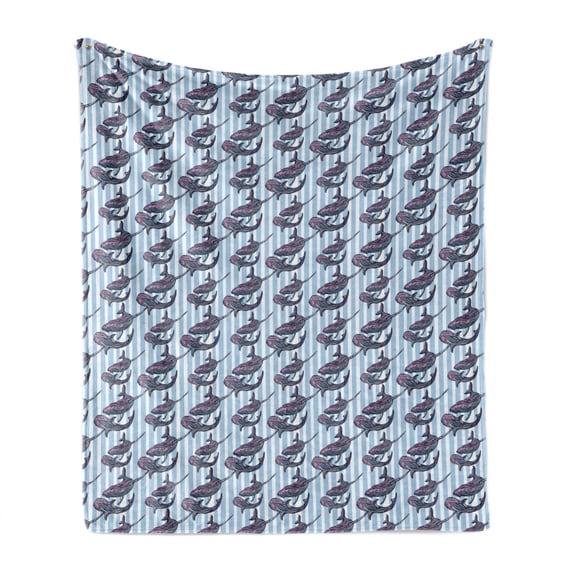 Whale Soft Flannel Fleece Blanket, Vertical Stripes Background with Hand Drawn Abstract Giant Marine Mammals, Cozy Plush for Indoor and Outdoor Use, 50" x 60", Lilac Baby Blue White, by Ambesonne