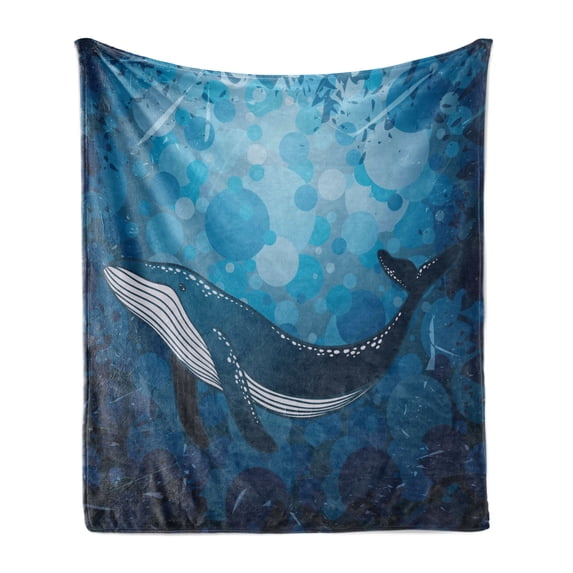 Whale Soft Flannel Fleece Blanket, Vintage Whale Poster Motif on Marine Grunge Backdrop Retro Ocean Graphic, Cozy Plush for Indoor and Outdoor Use, 60" x 80", Petrol and Violet Blue, by Ambesonne