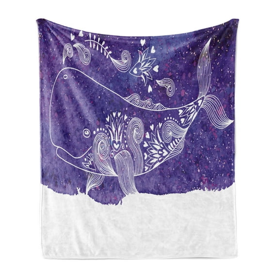 Whale Soft Flannel Fleece Blanket, Watercolor Whale with Floral Flower Hearts Details Marine Celebration Artwork Print, Cozy Plush for Indoor and Outdoor Use, 70" x 90", Purple White, by Ambesonne