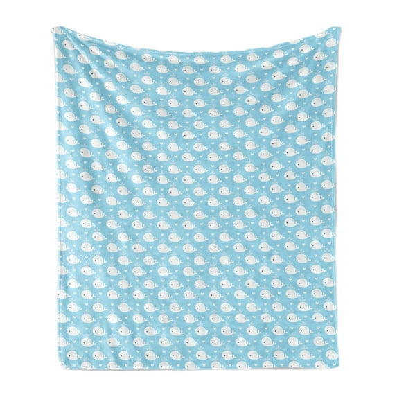 Whale Soft Flannel Fleece Blanket, Young Marine Animals Squirting Water with Little White Hearts Baby Shower Design, Cozy Plush for Indoor and Outdoor Use, 70" x 90", Pale Blue White, by Ambesonne