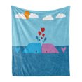thumbnail image 1 of Whale Soft Flannel Fleece Throw Blanket, Art of Romantic Lover Mammals in Ocean Sun and Clouds Animal Fun Love Print, Cozy Plush for Indoor and Outdoor Use, 50" x 60", Blue and Pink, by Ambesonne, 1 of 5