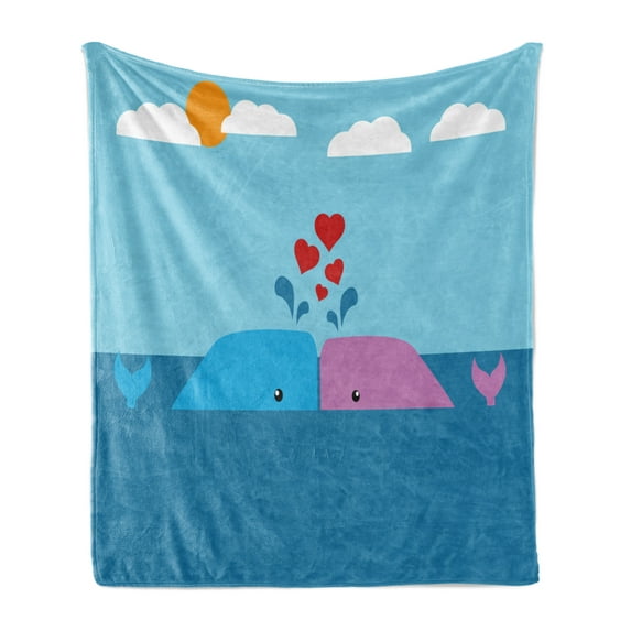 Whale Soft Flannel Fleece Throw Blanket, Art of Romantic Lover Mammals in Ocean Sun and Clouds Animal Fun Love Print, Cozy Plush for Indoor and Outdoor Use, 60" x 80", Blue and Pink, by Ambesonne