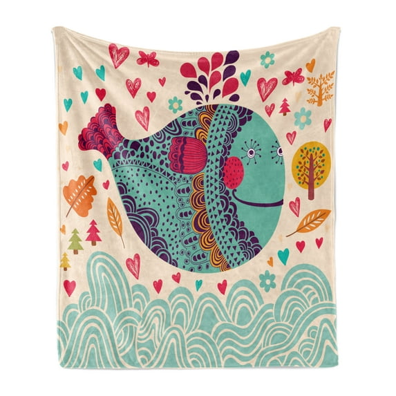 Whale Soft Flannel Fleece Throw Blanket, Colorful Ornamental Designed Big Whale with Waves Plants and Hearts Around Print, Cozy Plush for Indoor and Outdoor Use, 70" x 90", Multicolor, by Ambesonne