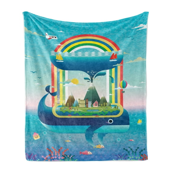 Whale Soft Flannel Fleece Throw Blanket, Ecology Environmental Design Global Concept with a Rainbow Ocean and a Big Whale, Cozy Plush for Indoor and Outdoor Use, 50" x 70", Multicolor, by Ambesonne