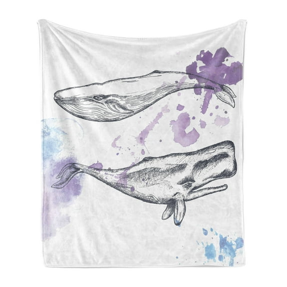 Whale Soft Flannel Fleece Throw Blanket, Grunge Ocean Mammals with Paintbrush Effects and Brushstroke Murky Artwork, Cozy Plush for Indoor and Outdoor Use, 70" x 90", Lavender Grey Blue, by Ambesonne