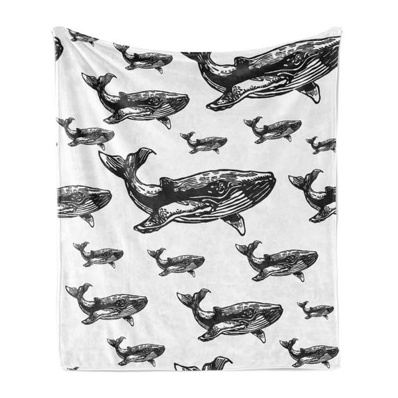 Whale Soft Flannel Fleece Throw Blanket, Hand Drawn Striped Blur Swimming Schoal of Huge Whales Work of Art, Cozy Plush for Indoor and Outdoor Use, 50" x 70", Black and White, by Ambesonne