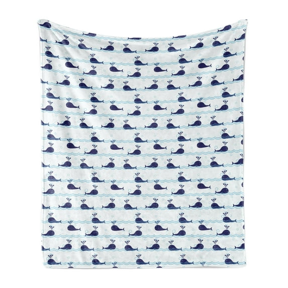 Whale Soft Flannel Fleece Throw Blanket, Horizontal Ocean Waves with Blue Fishes Animals of Sea, Cozy Plush for Indoor and Outdoor Use, 60" x 80", Pale Blue Navy Blue, by Ambesonne