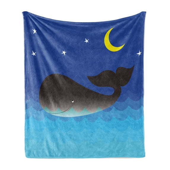 Whale Soft Flannel Fleece Throw Blanket, Mammal in the Ocean Moon and Stars Kid Friendly Design, Cozy Plush for Indoor and Outdoor Use, 60" x 80", Blue Grey and Pale Blue, by Ambesonne