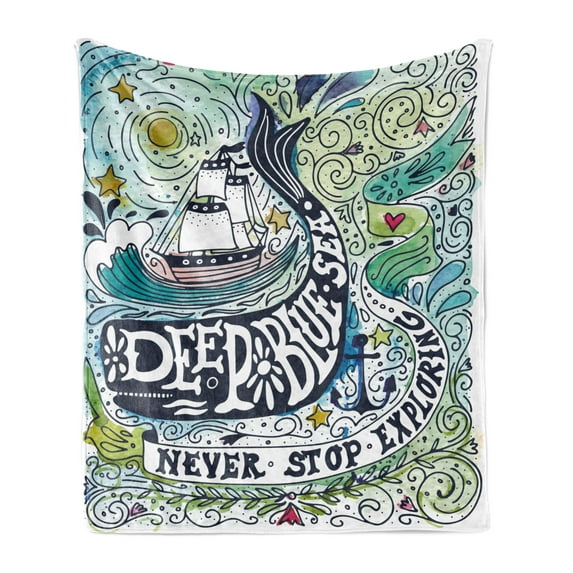 Whale Soft Flannel Fleece Throw Blanket, Mammal on Wavy Ocean Design Swimming to an Island Palm Trees Print, Cozy Plush for Indoor and Outdoor Use, 60" x 80", Blue Pink and Green, by Ambesonne