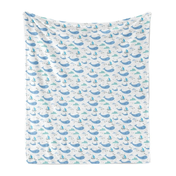 Whale Soft Flannel Fleece Throw Blanket, Marine Life Illustration Ships Clouds and Wind Fairytale Happiness, Cozy Plush for Indoor and Outdoor Use, 70" x 90", Pale Grey White and Blue, by Ambesonne