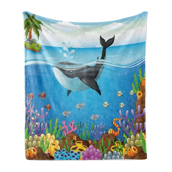 Whale Soft Flannel Fleece Throw Blanket, Massive Whale the Master of the Oceans Themedround Planet Nature, Cozy Plush for Indoor and Outdoor Use, 50" x 60", Dark Blue Orange, by Ambesonne