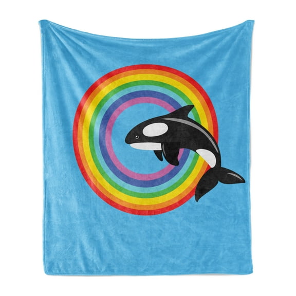 Whale Soft Flannel Fleece Throw Blanket, Modern Design a Killer Mammal Jumping into Circle Made from Rainbow Print, Cozy Plush for Indoor and Outdoor Use, 60" x 80", Multicolor, by Ambesonne