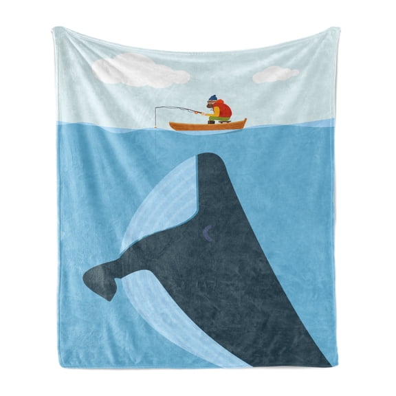 Whale Soft Flannel Fleece Throw Blanket, Navy Themed Vintage Cartoon Design with Sun Ship and Mottos on It Work of Art, Cozy Plush for Indoor and Outdoor Use, 50" x 60", Multicolor, by Ambesonne