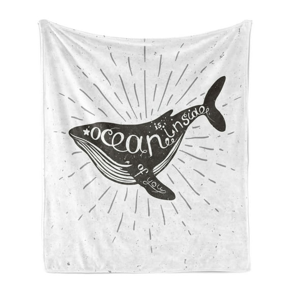 Whale Soft Flannel Fleece Throw Blanket, Ocean Inside of You Inspirational Typography with Big Fish Grunge Illustration, Cozy Plush for Indoor and Outdoor Use, 70" x 90", Charcoal Grey, by Ambesonne