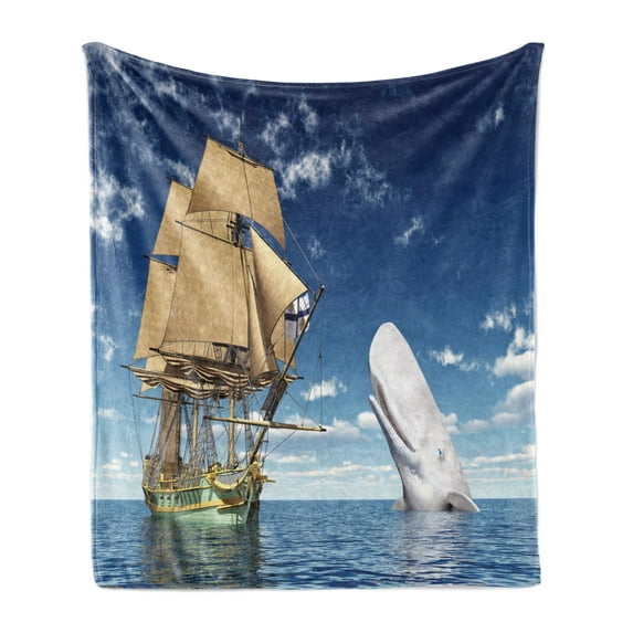 Whale Soft Flannel Fleece Throw Blanket, Ocean Lover Pirate Flag Ship Sails Ornament with Big Mammal Fish Illustration, Cozy Plush for Indoor and Outdoor Use, 70" x 90", White and Blue, by Ambesonne
