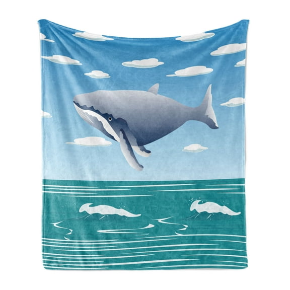 Whale Soft Flannel Fleece Throw Blanket, Ocean Sunny Summer Landscape with Huge Jumping Whale on Air Cartoon Style Design Artwork, Cozy Plush for Indoor and Outdoor Use, 60" x 80", Blue, by Ambesonne