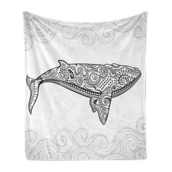 Whale Soft Flannel Fleece Throw Blanket, Ornamental Style Big Fish with Oriental Effects Underwater, Cozy Plush for Indoor and Outdoor Use, 50" x 70", Pale Grey Charcoal Grey, by Ambesonne