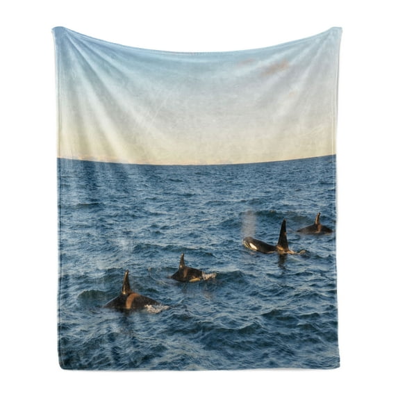 Whale Soft Flannel Fleece Throw Blanket, Real Photo Image of 4 Killer Whales Coming out of the Seartwork Print, Cozy Plush for Indoor and Outdoor Use, 50" x 60", Blue and Black, by Ambesonne