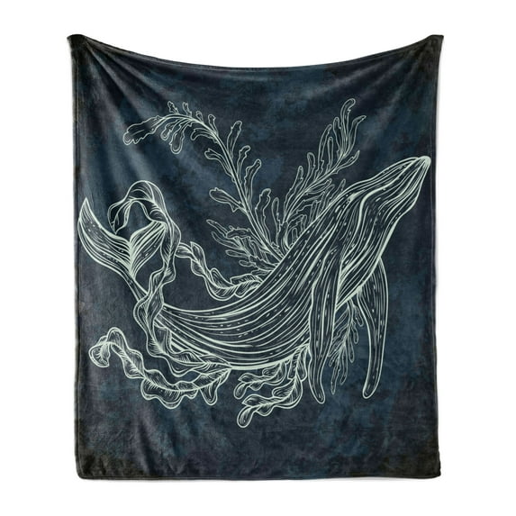 Whale Soft Flannel Fleece Throw Blanket, Silhouette of Mammal in Doodle Style Coral Reef and Seaweeds Print, Cozy Plush for Indoor and Outdoor Use, 60" x 80", Slate and Petrol Blue, by Ambesonne