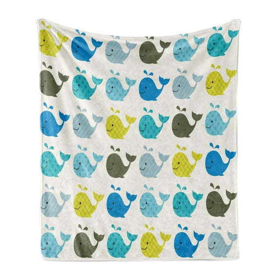 Whale Soft Flannel Fleece Throw Blanket, Smiling Childish Mammal Fish Pattern with Various Ornaments, Cozy Plush for Indoor and Outdoor Use, 60" x 80", Multicolor, by Ambesonne