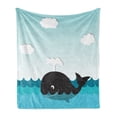 thumbnail image 1 of Whale Soft Flannel Fleece Throw Blanket, Smiling Happy Black Whale Swimming in the Wavy Sunny Ocean Cartoon Artwork, Cozy Plush for Indoor and Outdoor Use, 50" x 60", Black and Blue, by Ambesonne, 1 of 5