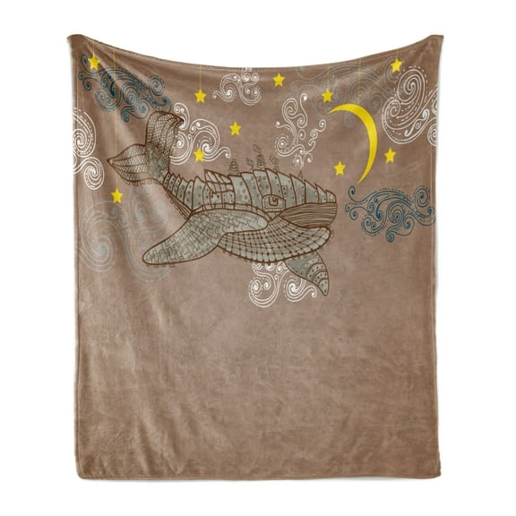 Whale Soft Flannel Fleece Throw Blanket, Steampunk Mammal Flying in the Air Moons and Stars Hand Drawing, Cozy Plush for Indoor and Outdoor Use, 50" x 60", Brown and White, by Ambesonne